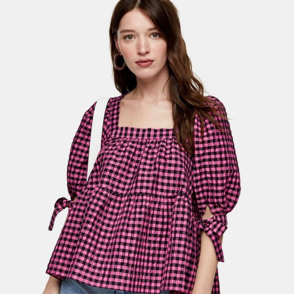 NWT Topshop Mini Check Puff Sleeve Tiered Top US4